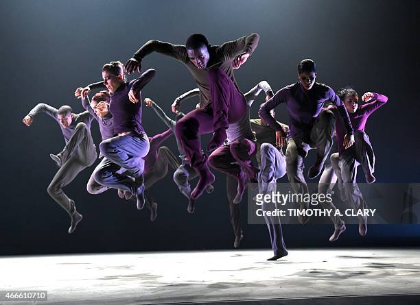 Dancers from Ailey II perform a scene from " breakthrough" during the New York season dress rehearsal before opening night at the Joyce Theater in...