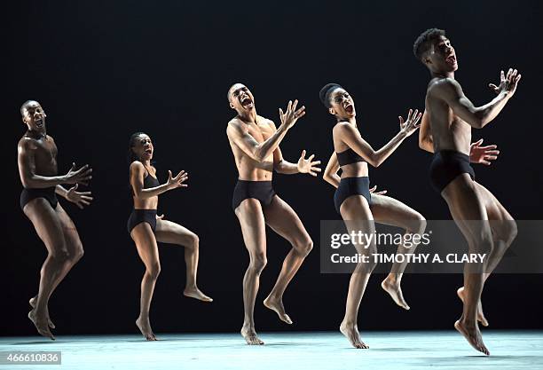 Dancers from Ailey II perform a scene from " breakthrough" during the New York season dress rehearsal before opening night at the Joyce Theater in...