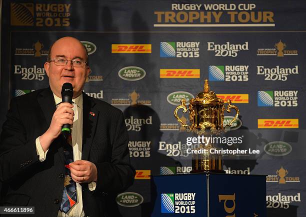 The British Ambassador to Romania Mr Paul Brummell with the Webb Ellis Cup at the British Embassy Reception during the Rugby World Cup Trophy Tour in...