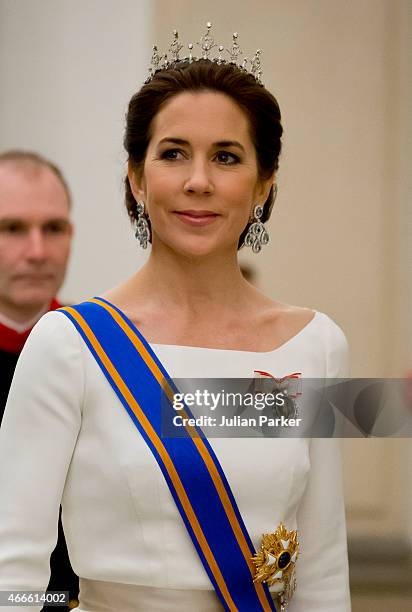 Crown Princess Mary of Denmark attends a State Banquet at Christiansborg Palace during the state visit of the King and Queen of the Netherlands on...