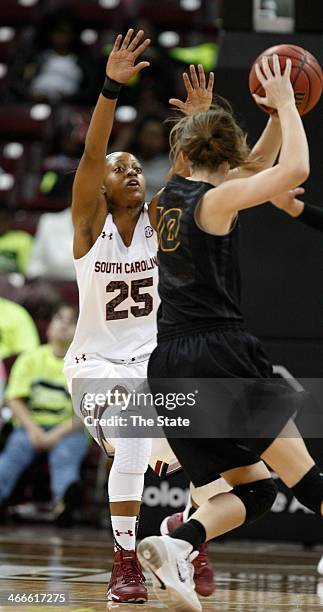 South Carolina Gamecocks' Tiffany Mitchell guards Missouri Tigers' Maddie Stock during the first half at The Colonial Life Arena in Columbia, S.C.,...