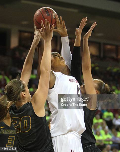 South Carolina Gamecocks center Alaina Coates brings down a rebound against Missouri Tigers forward Kayla McDowell during the first half at The...