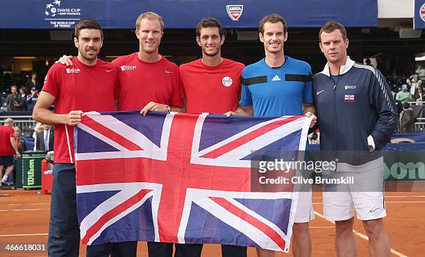 Great Britain's Davis Cup team L-R Colin Fleming,Dominic Inglot,James Ward,Andy Murray and capotain Leon Smith celebrate their 3-1 victory against of...