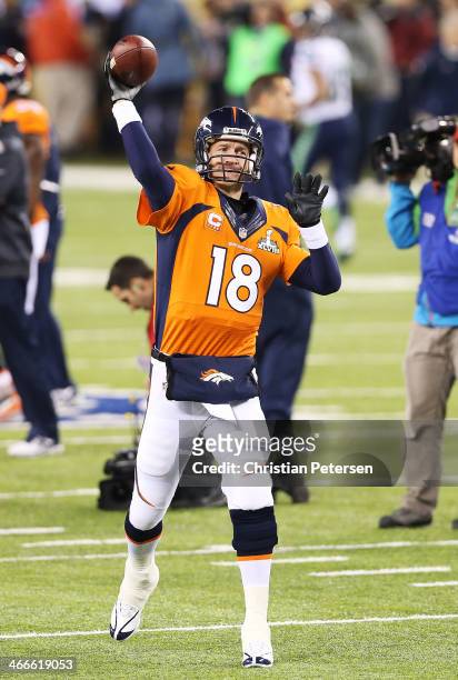 Quarterback Peyton Manning of the Denver Broncos during Super Bowl XLVIII against the Seattle Seahawks at MetLife Stadium on February 2, 2014 in East...