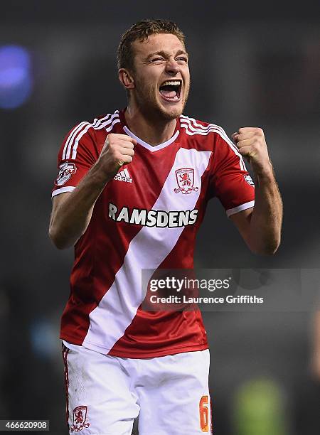 Ben Gibson of Middlesbrough celebrates victory after the Sky Bet Championship match between Derby County and Middlesbrough at iPro Stadium on March...