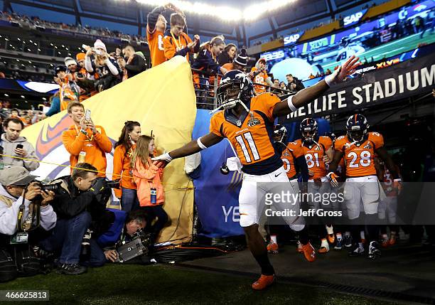 Wide receiver Trindon Holliday of the Denver Broncos and teammates take the field prior to the start of Super Bowl XLVIII against the Seattle...