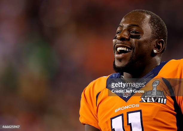 Wide receiver Trindon Holliday of the Denver Broncos smiles during warm-ups before playing against the Seattle Seahawks during Super Bowl XLVIII at...