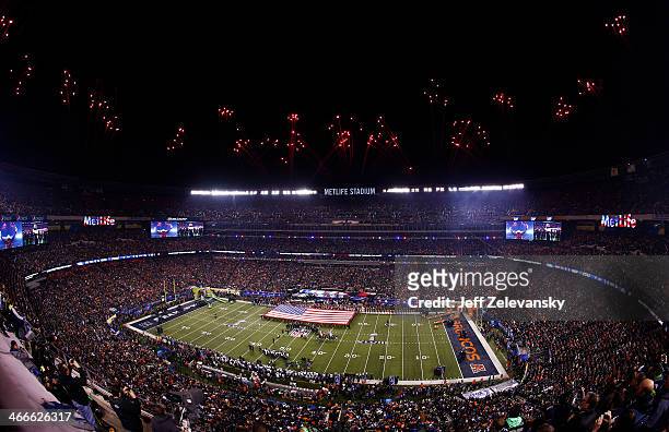 Fireworks are shown above MetLife Stadium at the start of Super Bowl XLVIII between the Denver Broncos and the Seattle Seahawks at MetLife Stadium on...