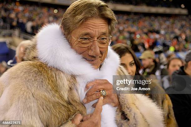 Joe Namath in a mink coat for Super Bowl coin toss. The Denver Broncos vs the Seattle Seahawks in Super Bowl XLVIII at MetLife Stadium in East...