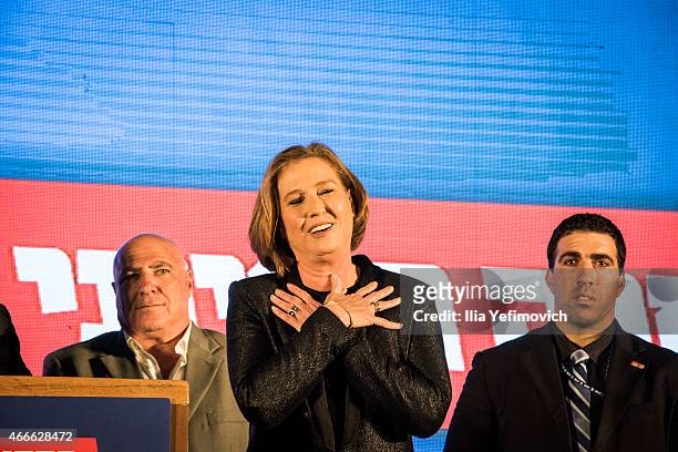 Tzipi Livni, number two of the Zionist Camp, gives a speech as preliminary election results are announced on March 17, 2015 in Tel Aviv, Israel. The...