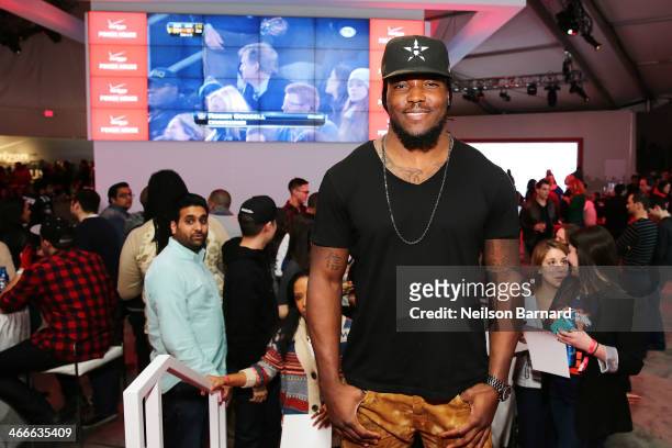 Professional football player Chris Ivory celebrates the Super Bowl at the Verizon Power House Super Bowl viewing party at Bryant Park on February 2,...