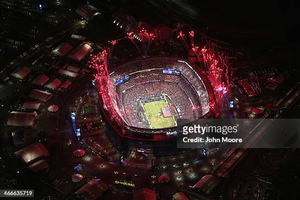 Fireworks erupt over Metlife Stadium ahead of Super Bowl XLVIII between the Seattle Seahawks and the Denver Broncos on February 2, 2014 in East...