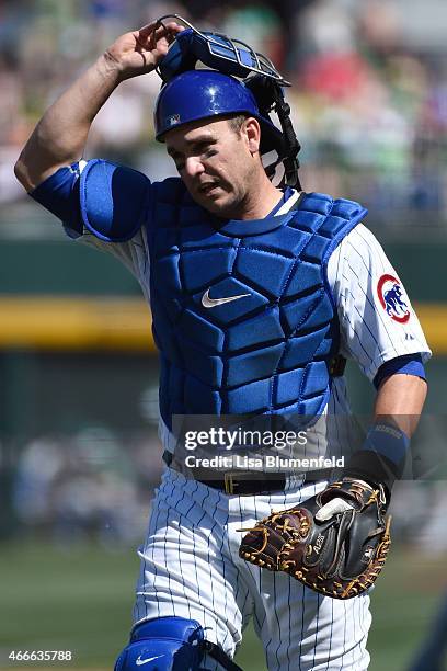 Miguel Montero of the Chicago Cubs plays catcher during the game against the Kansas City Royals on March 17, 2015 in Mesa, Arizona.
