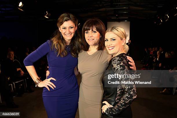 Sandra Thier, Birgit Schrowange, Jennifer Knaeble arrive for the Barbara Schwarzer fashion show during Platform Fashion Dusseldorf on February 2,...