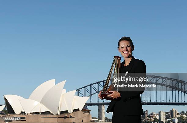 England captain Charlotte Edwards poses with the Ashes trophy on February 3, 2014 in Sydney, Australia.