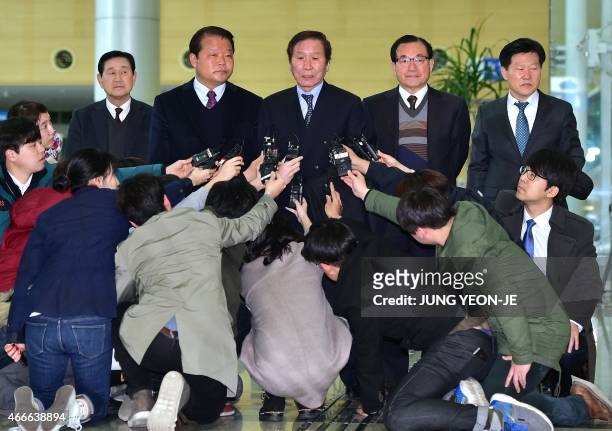 Chung Ki-Sup , the head of the council of South Korean companies operating at the Kaesong Industrial Complex, speaks to the media before leaving for...