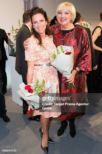 Claudia Roth and Christine Neubauer attend the Deutscher Hoerfilmpreis 2015 at Deutsche Bank on March 17, 2015 in Berlin, Germany.