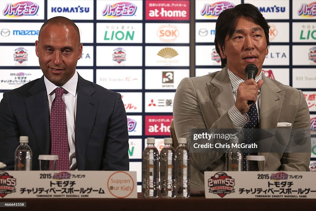 Former Yankees Jeter and Matsui Hold Press Conference Ahead Of Charity Baseball Game In Japan