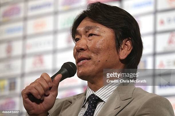 Former New York Yankee player Hideki Matsui speaks to the media during a press conference about the "Tomodachi Charity Baseball Game" on March 18,...