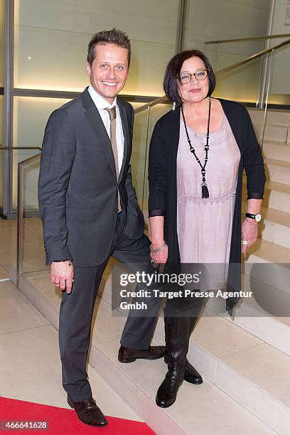 Roman Knizka and his mother Christina Knizka attend the Deutscher Hoerfilmpreis 2015 at Deutsche Bank on March 17, 2015 in Berlin, Germany.