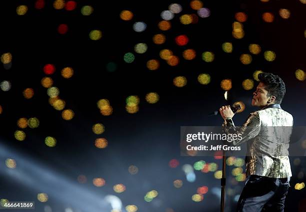 Bruno Mars performs during the Pepsi Super Bowl XLVIII Halftime Show at MetLife Stadium on February 2, 2014 in East Rutherford, New Jersey.