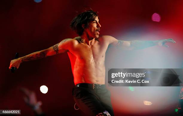 Anthony Kiedis of the Red Hot Chili Peppers performs during the Pepsi Super Bowl XLVIII Halftime Show at MetLife Stadium on February 2, 2014 in East...