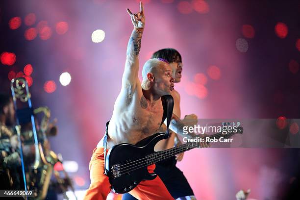 Flea and Anthony Kiedis of the Red Hot Chili Peppers performs during the Pepsi Super Bowl XLVIII Halftime Show at MetLife Stadium on February 2, 2014...