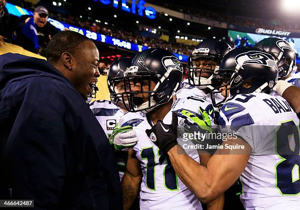 Wide receiver Percy Harvin of the Seattle Seahawks celebrates his 2nd half kickoff return during the third quarter of Super Bowl XLVIII at MetLife...