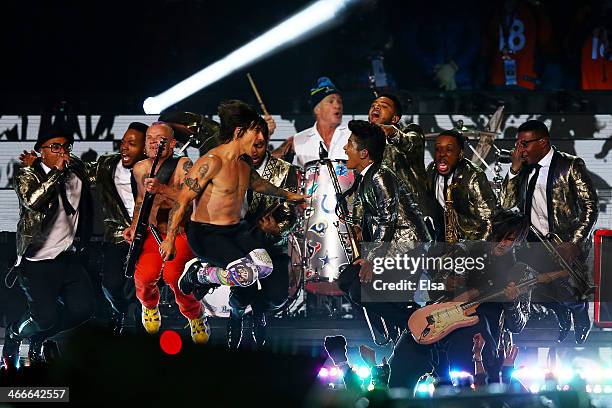 Bruno Mars and the Red Hot Chili Peppers performB during the Pepsi Super Bowl XLVIII Halftime Show at MetLife Stadium on February 2, 2014 in East...