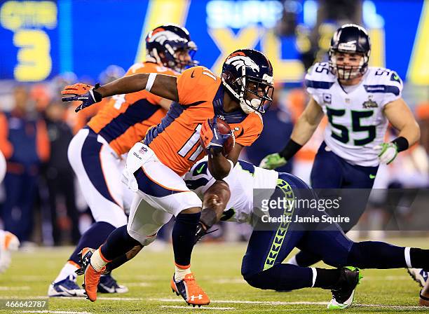 Wide receiver Trindon Holliday of the Denver Broncos runs with the ball during Super Bowl XLVIII against the Seattle Seahawks at MetLife Stadium on...