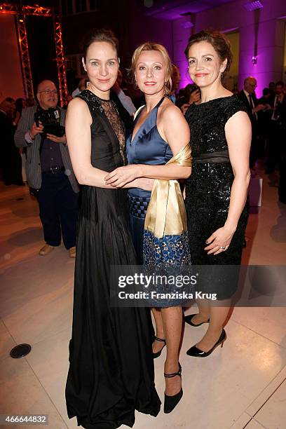 Jeanette Hain, Dana Golombek and Rebecca Immanuel attend the Deutscher Hoerfilmpreis 2015 on March 17, 2015 in Berlin, Germany.