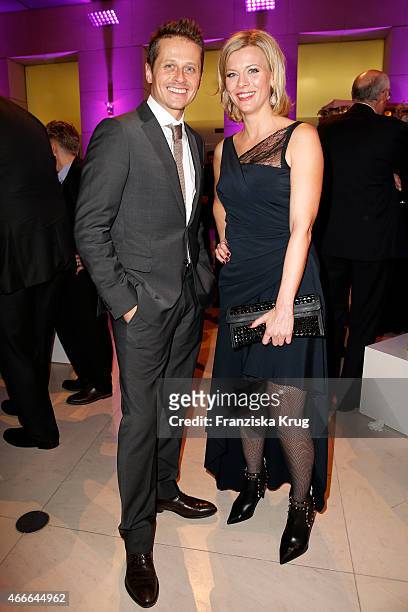 Roman Knizka and Eva Habermann attend the Deutscher Hoerfilmpreis 2015 on March 17, 2015 in Berlin, Germany.