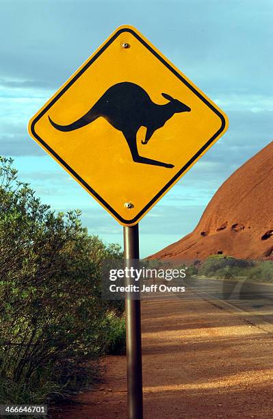 Ayres rock - Uluru, and Kangaroo warning road sign. 2002.