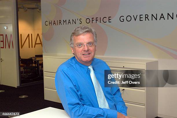 Michael Grade in his office in the BBC White City building with the words 'Chairman's Office Governance and Accountability' on the wall behind him,...