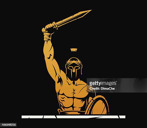 ilustraciones, imágenes clip art, dibujos animados e iconos de stock de guerrero con espada - traditional helmet