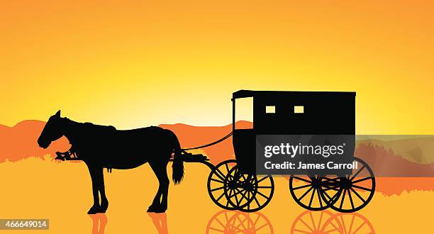 ilustrações de stock, clip art, desenhos animados e ícones de amish carruagem e cavalo ao pôr do sol - amish