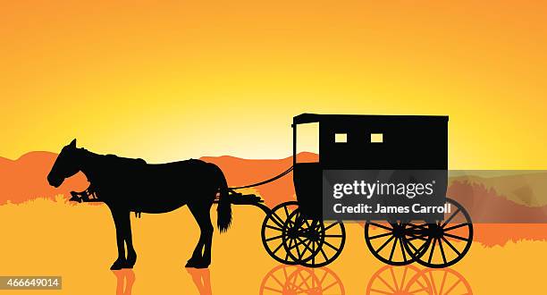amish carriage and horse at sunset - horse carriage stock illustrations