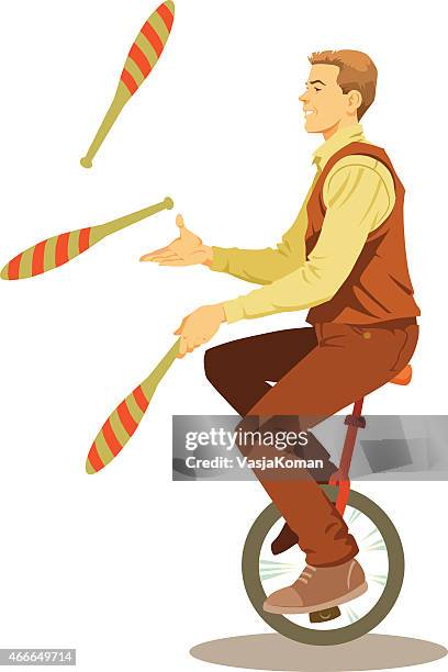 young man juggling on monowheel with smile - stability control stock illustrations
