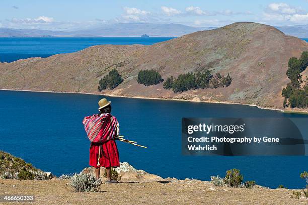 bolivian woman with lake and hills - titicacameer stockfoto's en -beelden