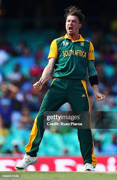 Dale Steyn of South Africa celebrates after taking the wicket of Tillakaratne Dilshan of Sri Lanka during the 2015 ICC Cricket World Cup Quarter...