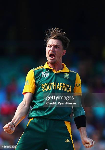 Dale Steyn of South Africa celebrates after taking the wicket of Tillakaratne Dilshan of Sri Lanka during the 2015 ICC Cricket World Cup Quarter...