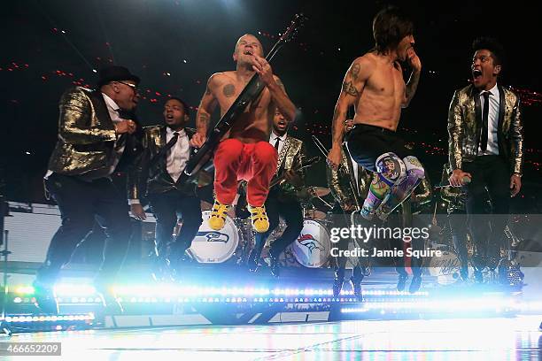 Bruno Mars and the Red Hot Chili Peppers perform during the Pepsi Super Bowl XLVIII Halftime Show at MetLife Stadium on February 2, 2014 in East...