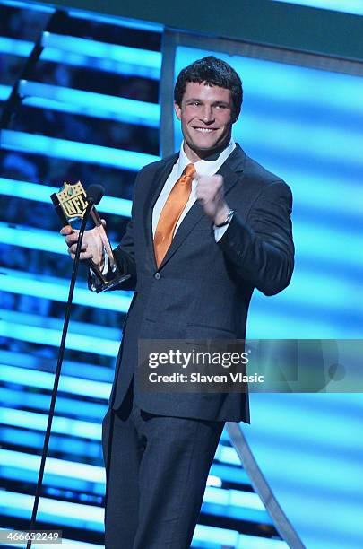 Carolina Panthers linebacker Luke Kuechly wins Defensive Player of the Year at the 3rd Annual NFL Honors at Radio City Music Hall on February 1, 2014...
