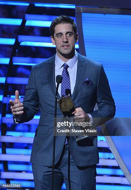 Green Bay Packers quarterback Aaron Rodgers wins the GMC Never Say Never Moment of the Year at the 3rd Annual NFL Honors at Radio City Music Hall on...