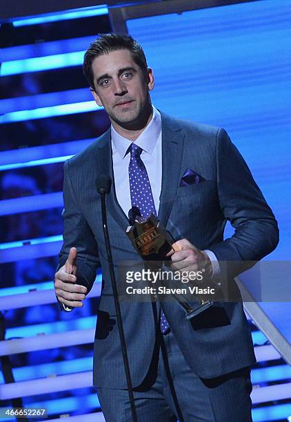 Green Bay Packers quarterback Aaron Rodgers wins the GMC Never Say Never Moment of the Year at the 3rd Annual NFL Honors at Radio City Music Hall on...