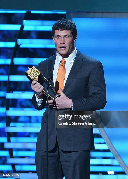 Carolina Panthers linebacker Luke Kuechly wins Defensive Player of the Year at the 3rd Annual NFL Honors at Radio City Music Hall on February 1, 2014...