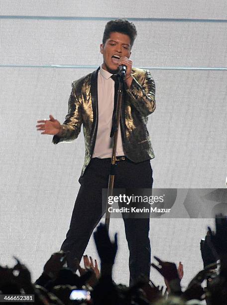 Bruno Mars performs during the Pepsi Super Bowl XLVIII Halftime Show at MetLife Stadium on February 2, 2014 in East Rutherford, New Jersey.