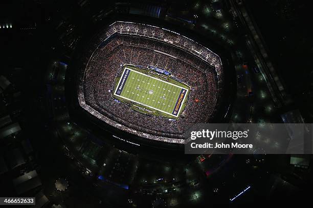 Metlife Stadium is seen from above during the half of Super Bowl XLVIII between the Seattle Seahawks and the Denver Broncos on February 2, 2014 in...