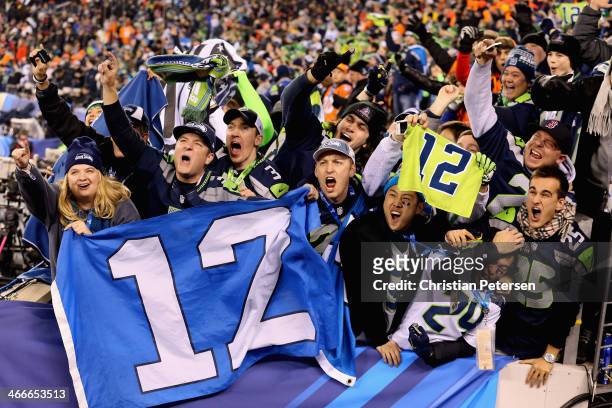 Seattle Seahawks fans celebrate after Seattle won Super Bowl XLVIII at MetLife Stadium on February 2, 2014 in East Rutherford, New Jersey.The...