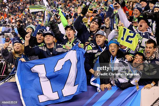 Seattle Seahawks fans celebrate after Seattle won Super Bowl XLVIII at MetLife Stadium on February 2, 2014 in East Rutherford, New Jersey.The...